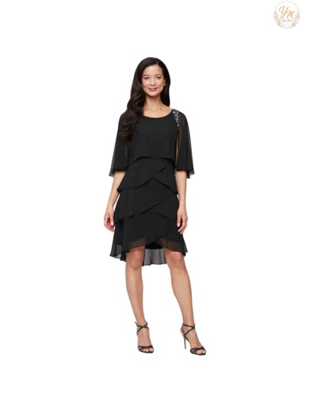 Tiered Chiffon Cocktail Dress Attached Cape Beaded Shoulders Wedding Guest